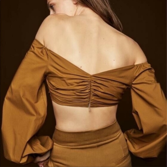 ZARA Woman Studio Brown Draped Crop Top Puff Sleeve - Picture 13 of 13